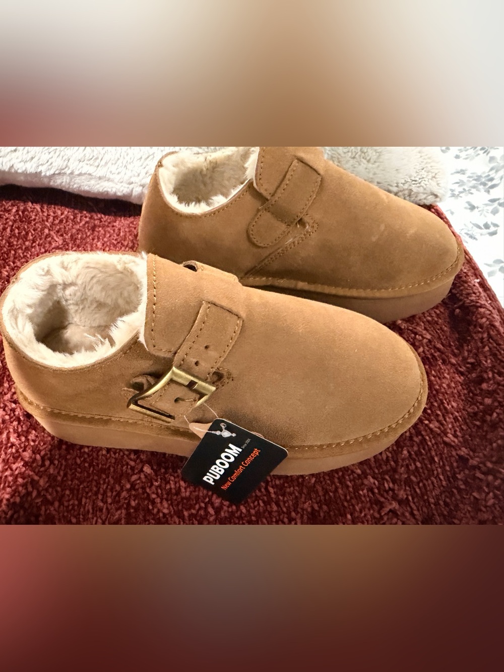 Plush-Lined Faux Suede Buckle Slippers in Tan